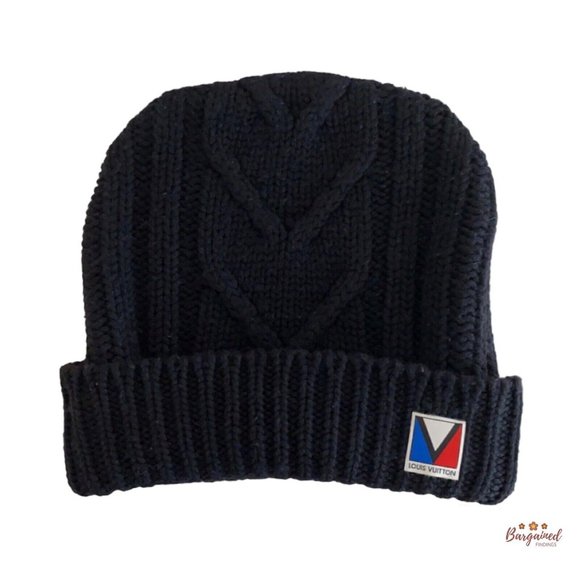 Authentic Louis Vuitton Black 100% Wool Beanie Hat Cable Knit Cap M75377 - Picture 1 of 12